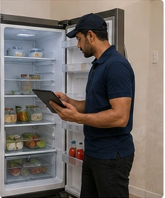 Technician inspecting the refrigerator