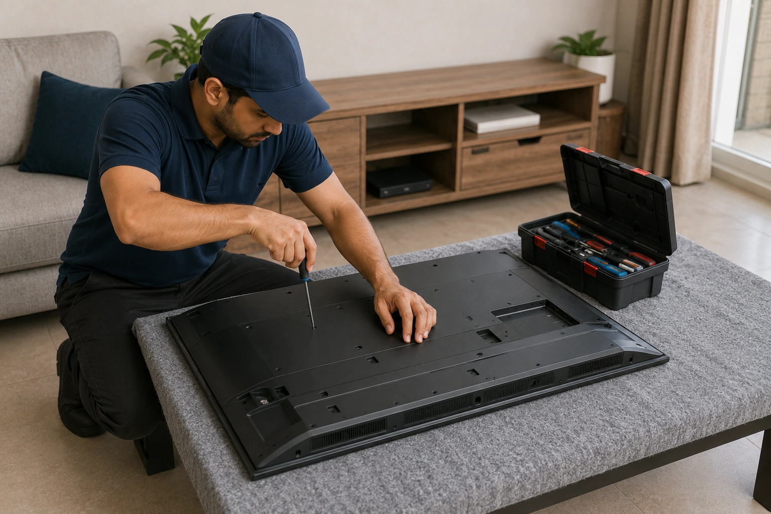 Technician repairing a tv