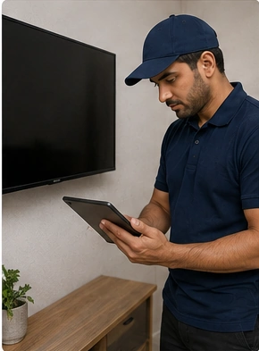 Technician inspecting the tv